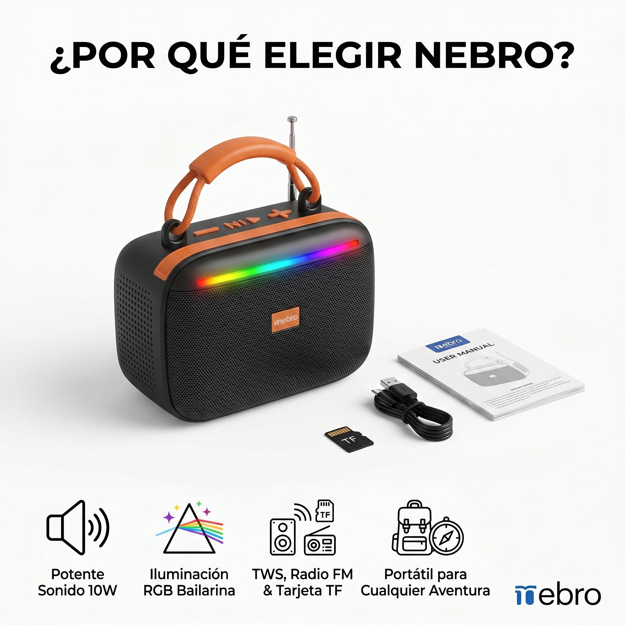 Bocina Bluetooth RGB Solar NEBRO WG602 10W TWS Radio FM Tarjeta TF
