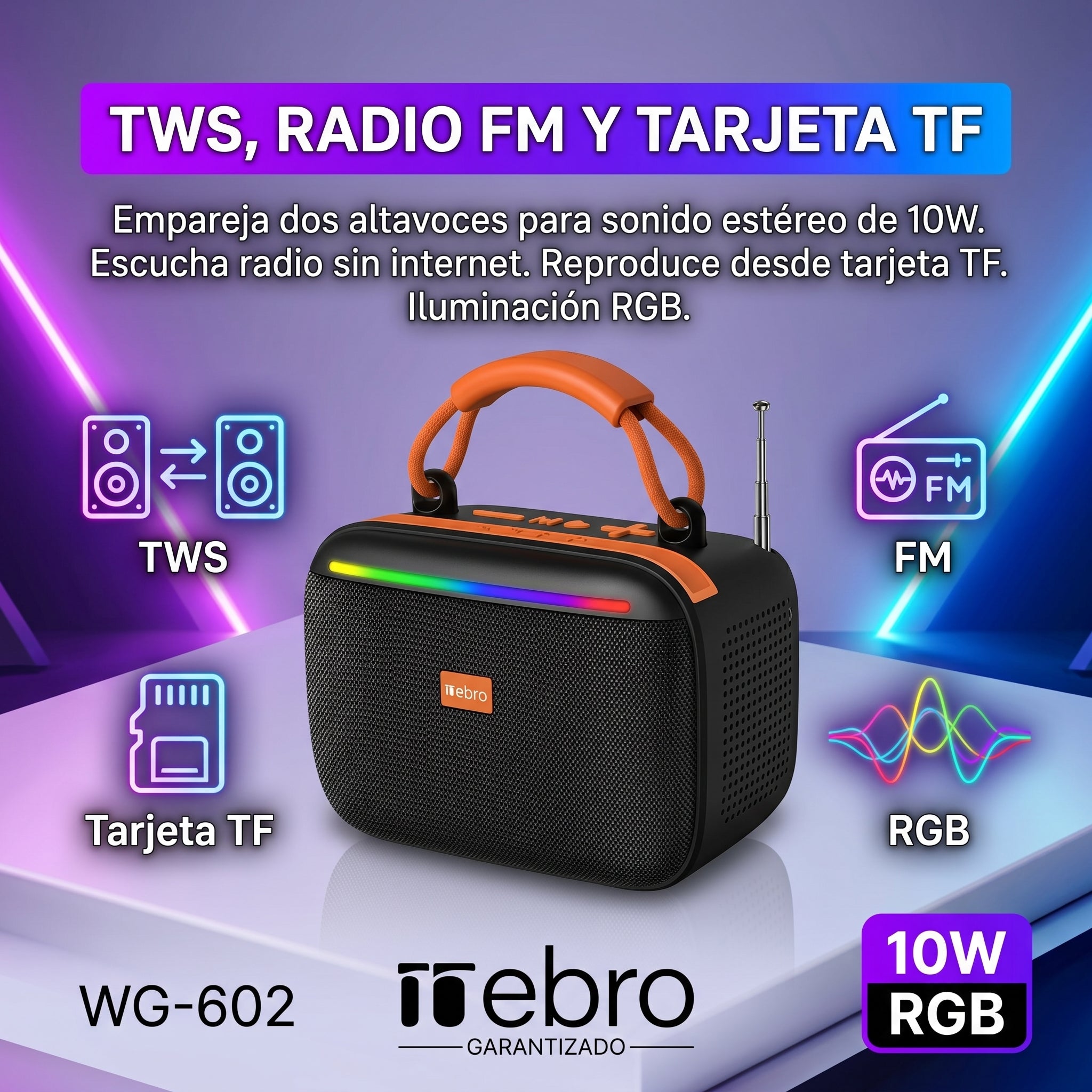 Bocina Bluetooth RGB Solar NEBRO WG602 10W TWS Radio FM Tarjeta TF