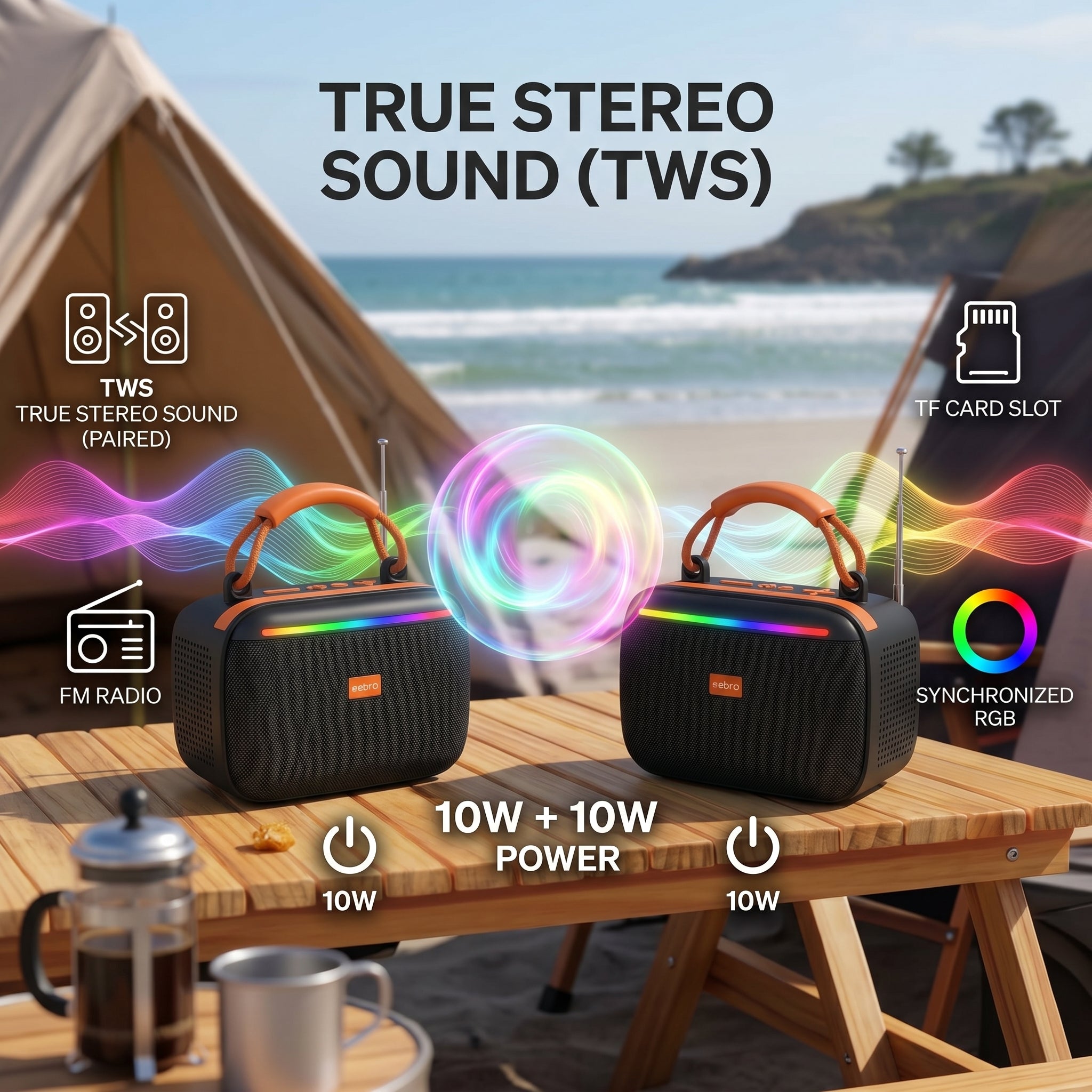 Bocina Bluetooth RGB Solar NEBRO WG602 10W TWS Radio FM Tarjeta TF