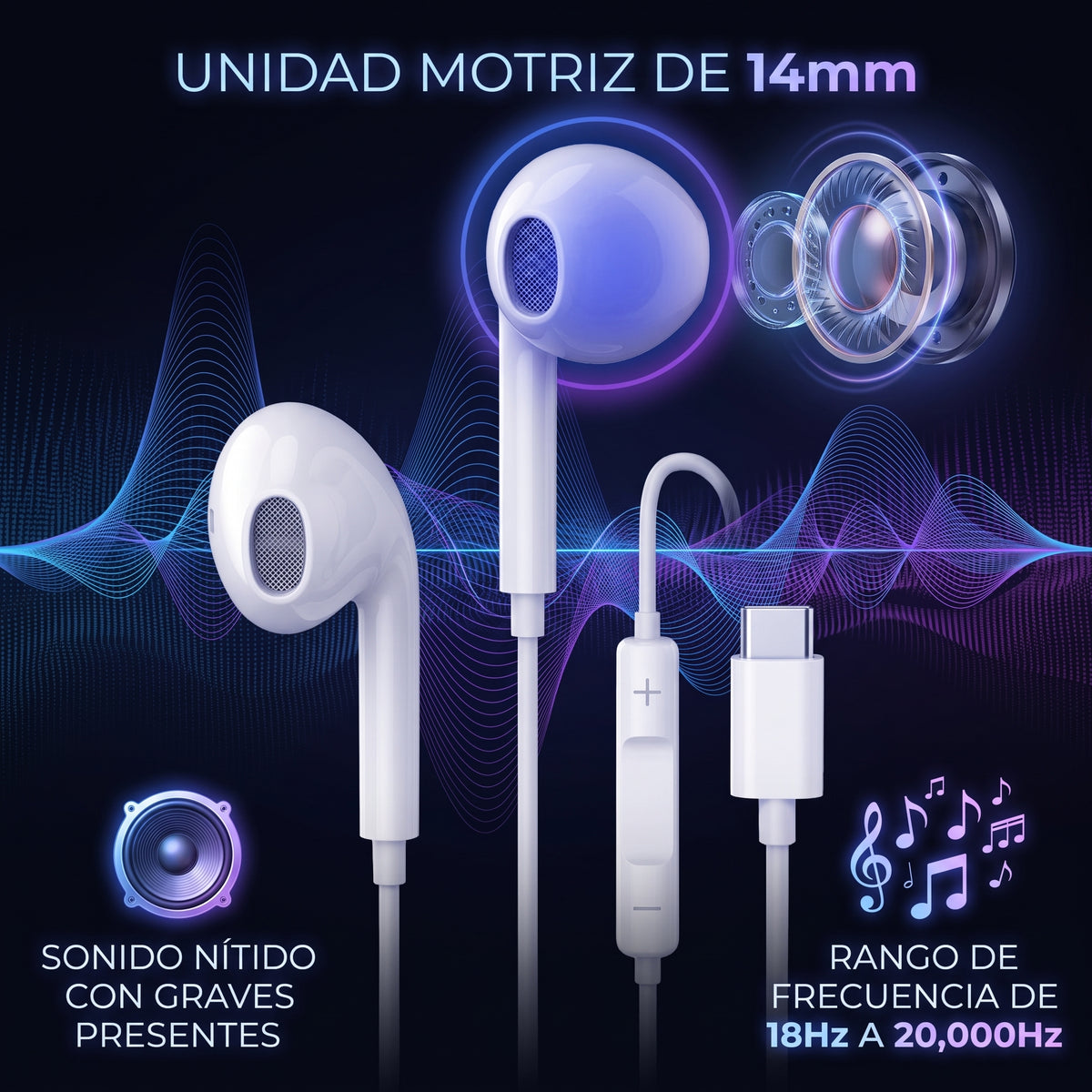 Audífonos Tipo-C Nebro WJ-005 con Driver de 14mm Sonido HiFi