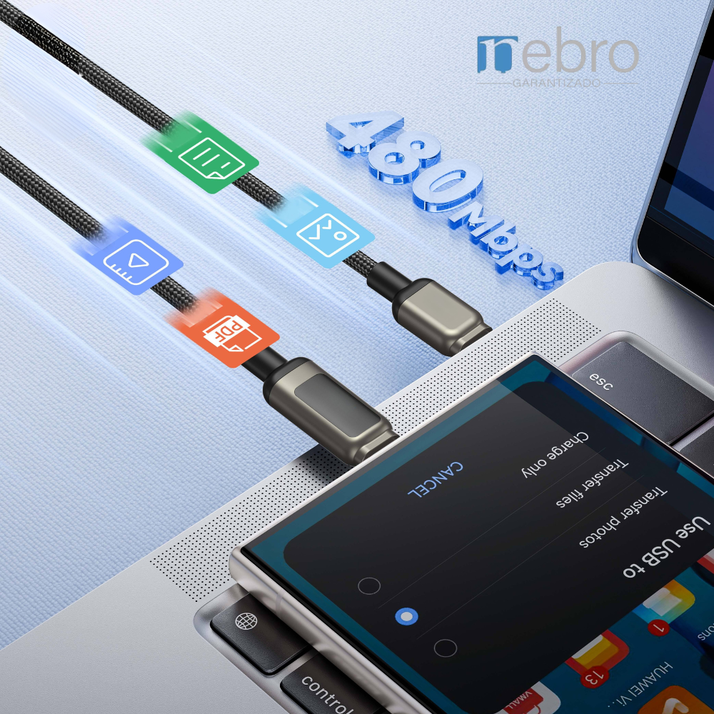 Cable carga ultra rápida máxima 60W, USB-C 1.2M Nebro WD-309T