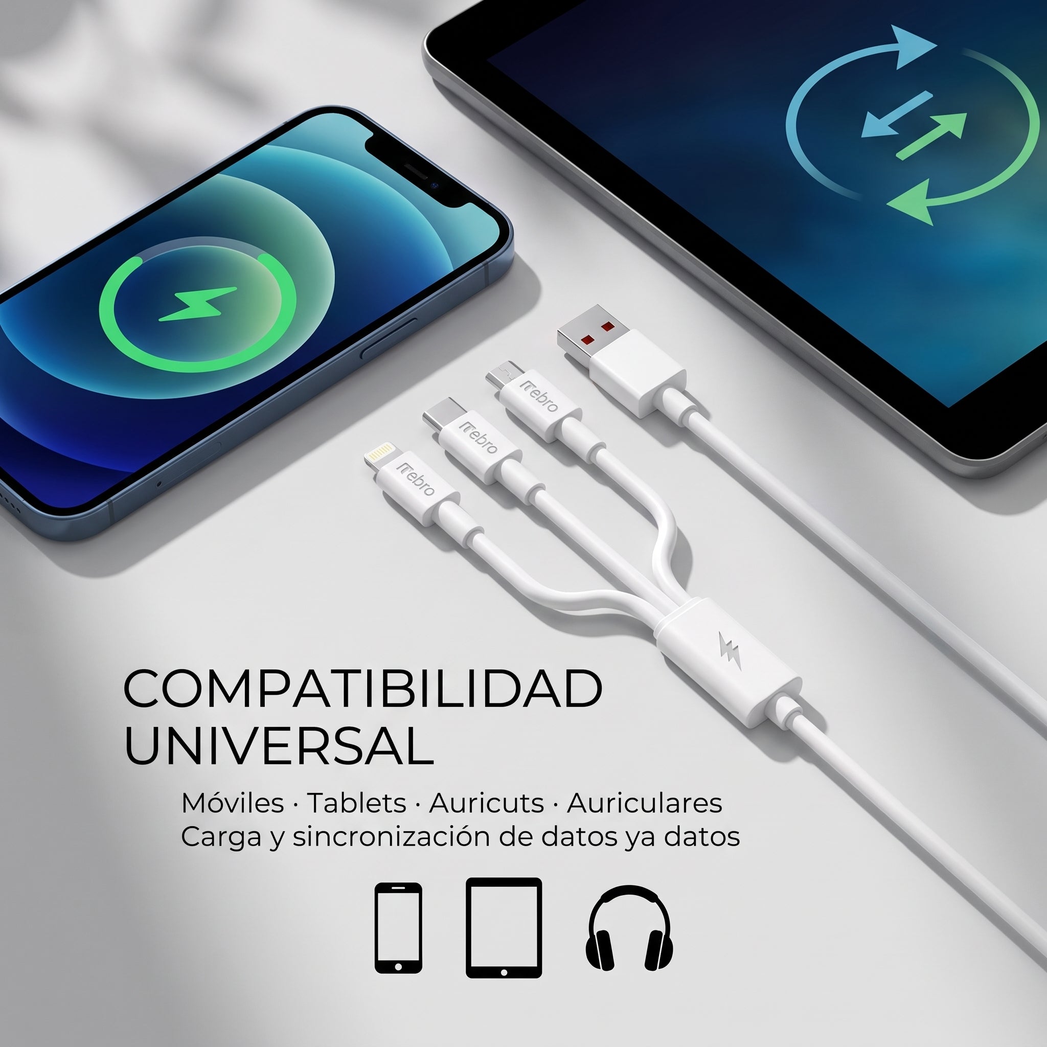Cable 3 en 1 Nebro WD-013 V8, Lightning y Tipo C