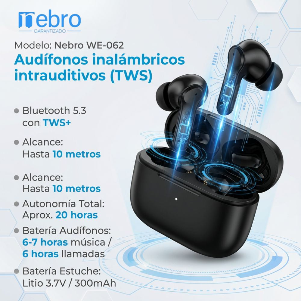 Audífonos Bluetooth TWS NEBRO WE062 Bluetooth 53 6 Horas